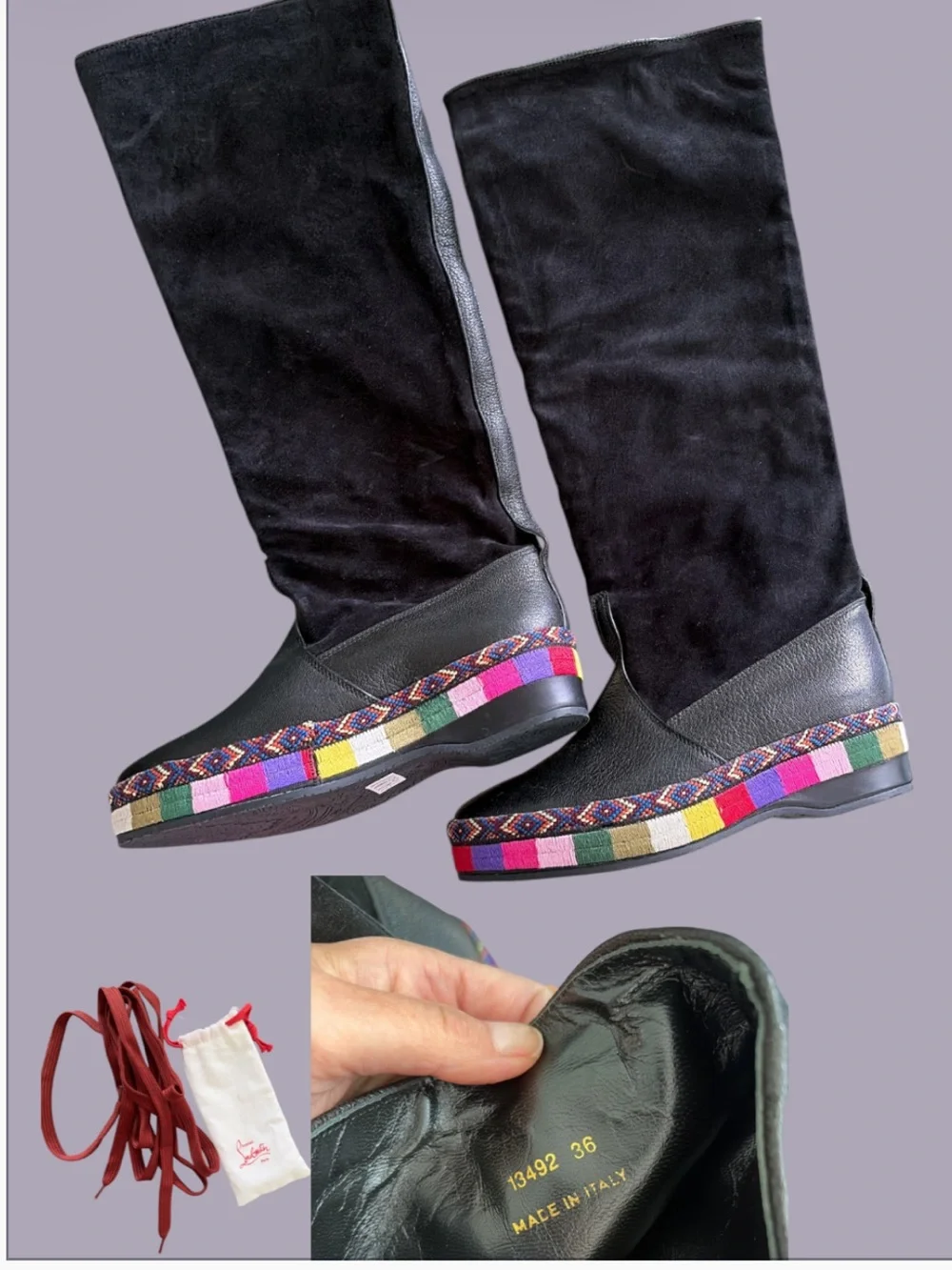 Etro Black Knee-High Wedge Boots with Multicolor Trim